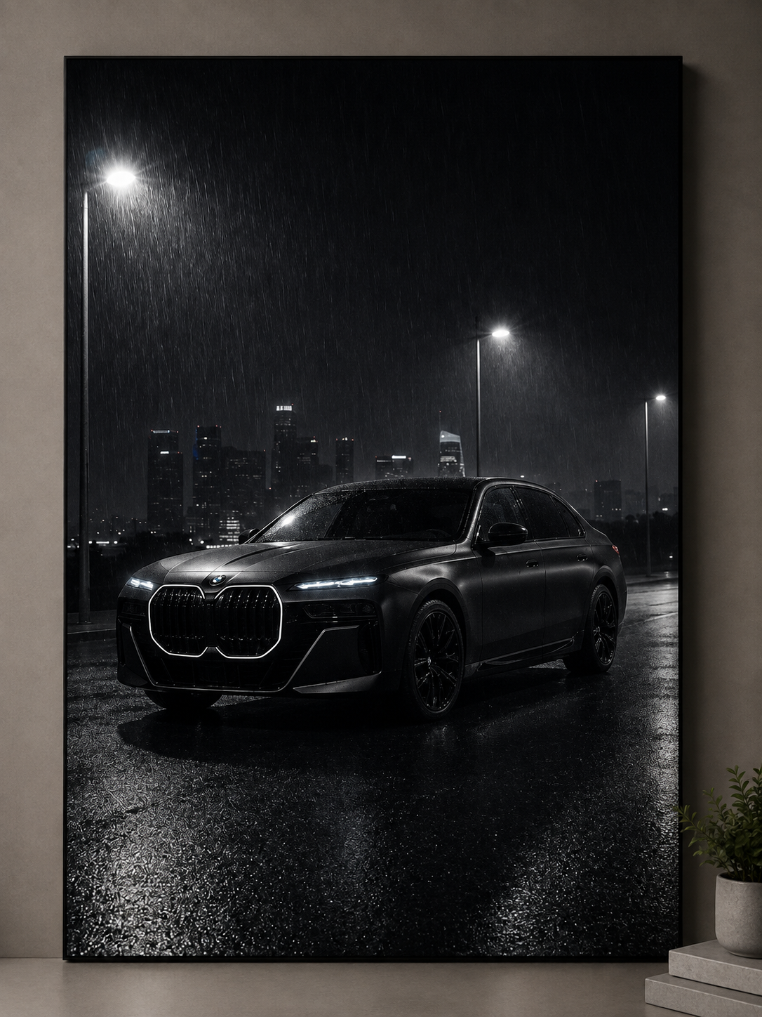 BMW 7 Series LED Car Wall Art – Luxury Rainy Night Edition 60×40 cm